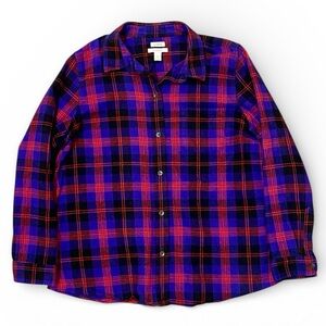 LL Bean Women’s Flannel Shirt 1X Purple Red Scotch Plaid Relaxed Fit Outdoors
